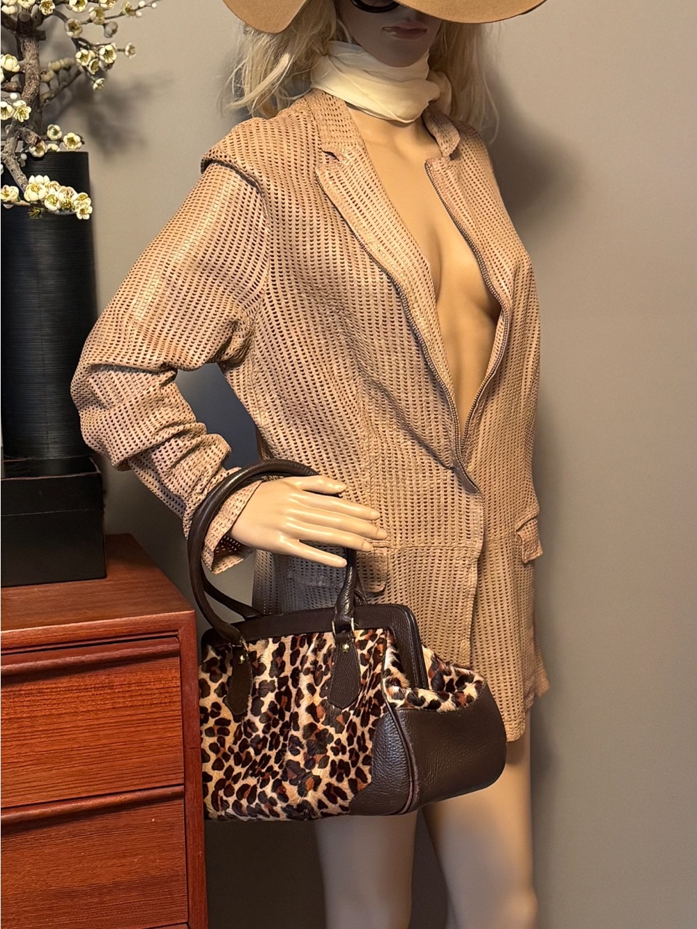 Bano eeMee Beige Perforated Leather Blazer.